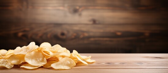 A close up of a pile of potato chips on a wooden table - Powered by Adobe