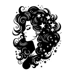 A black and white illustration of a woman in profile with her hair cascading in a flurry of stars, blending beauty with the universe.