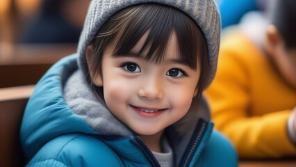 Cute happy asian child portrait. Little chinese kid boy in hat smile on rustic sunny ethnic background in Natural light. 	