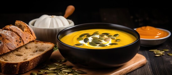 Bowl of soup with pumpkin seeds and bread