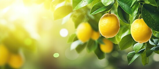 Lemons hanging from a tree with green leaves and sunshine - obrazy, fototapety, plakaty