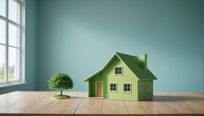 Modèle miniature de maison verte sur une table. Concept construction immobilier vert et durable - IA générative - obrazy, fototapety, plakaty