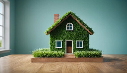 Modèle miniature de maison sur une table. Concept de construction immobilier vert et durable - IA générative - obrazy, fototapety, plakaty