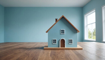Obraz na płótnie Canvas Modèle miniature de maison sur une table. Concept construction et crédit immobilier. Espace vide pour du texte - IA générative