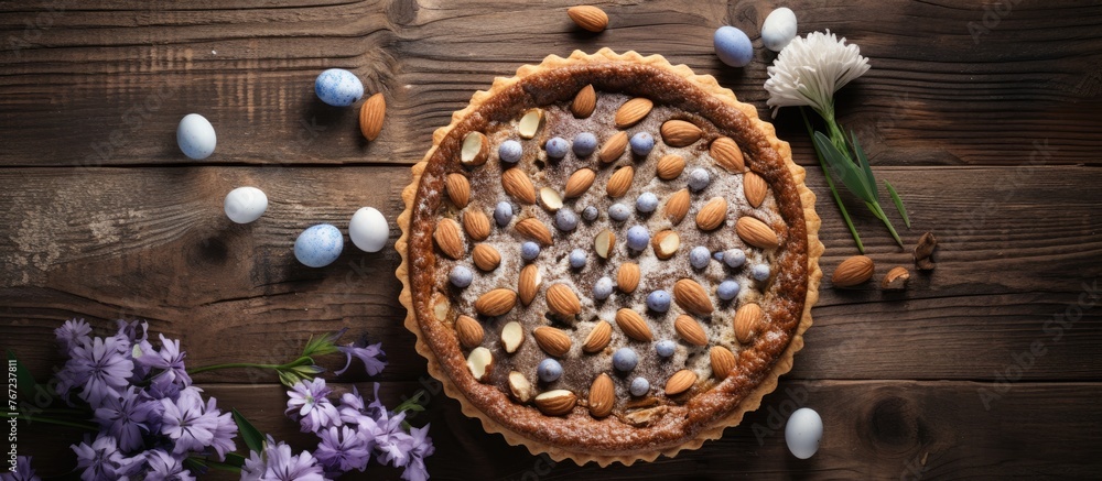 Poster a close up of a pie with almonds and blueberries on a table