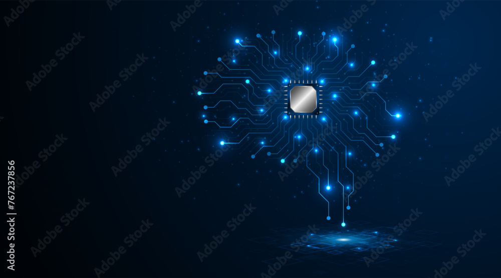 Leinwandbilder Technology brain circuit board with microchip processor on dark blue background. Data processing concepts. Circuit board high tech technology background. Vector illustration	