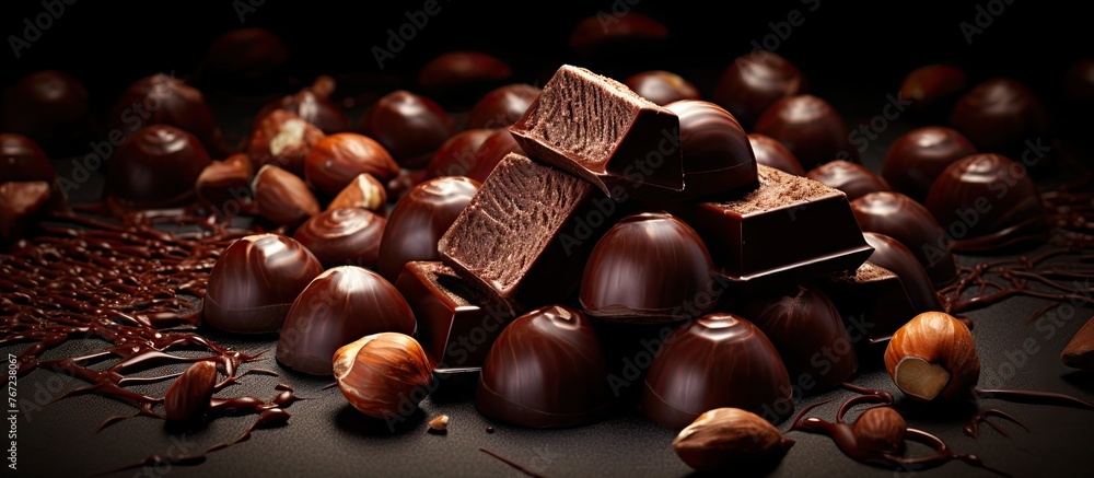 Poster chocolates and nuts on table with dark background