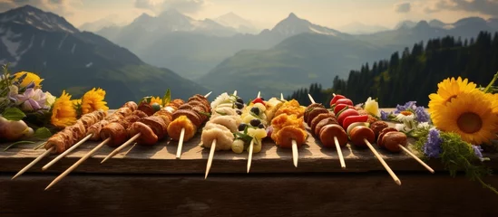 Fotobehang Skewers of assorted food on wooden table © Ilgun