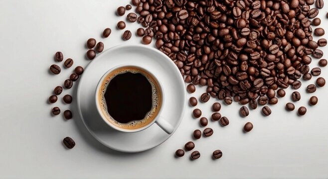 Small cup of coffee with coffee beans, top view on white background