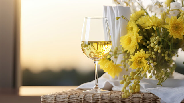 A glass of dry white wine with yellow flowers on a wicker table by the window.