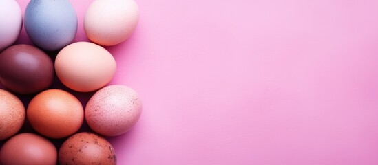 Naklejka na ściany i meble Eggs close up on pink background