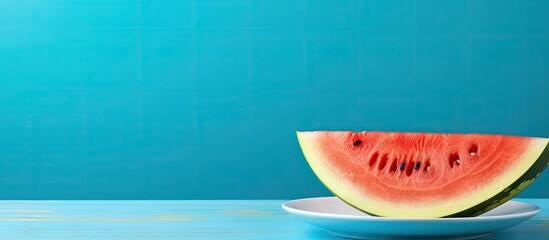 Watermelon slice on plate, blue table - Powered by Adobe