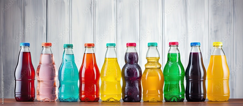Poster a row of soda bottles on a table