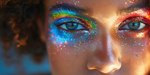 Close up of a woman's eye gazing forward with striking, colorful glitter eye makeup in celebration of LGBTQ+ pride, Love acceptance and diversity