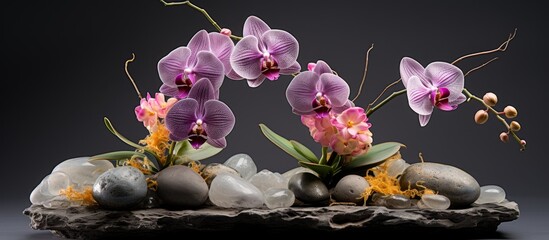 An elegant floral arrangement featuring purple orchids and rocks in a vase, perfect for adding a...