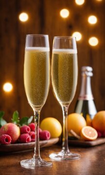 Two glasses of champagne with rose and champagne bottle on wooden background.