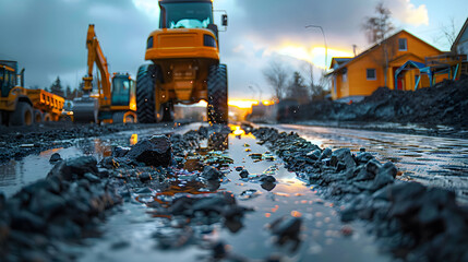 Construction Worker Overseeing Roadworks at Sunset - Safety and Progress in Civil Engineering