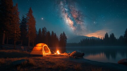 Camping under starry sky beside a lake