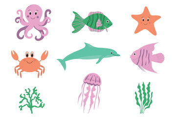 Set of sea animals on a white background. Design elements for print, poster, postcard.