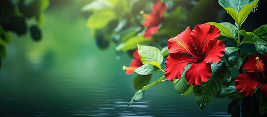 Red flower emerging from water