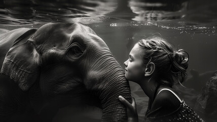 Tender moment between child and elephant.