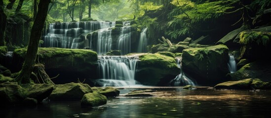 Forest waterfall amidst rocks and trees - obrazy, fototapety, plakaty