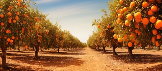 Orange trees laden with ripe fruit in a sunlit field - obrazy, fototapety, plakaty