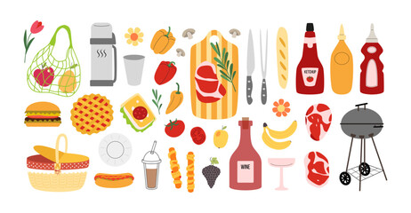 Spring and summer picnic. Set of food: grilled meat, steaks, fruits, fast food. Basket, brazier. Outdoor recreation. Barbecue in nature.