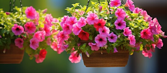 Wooden planter with pink flowers hanging