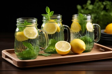 Fototapeta premium Homemade lemonade in mason jars with ice and lemon slices for a refreshing summer drink