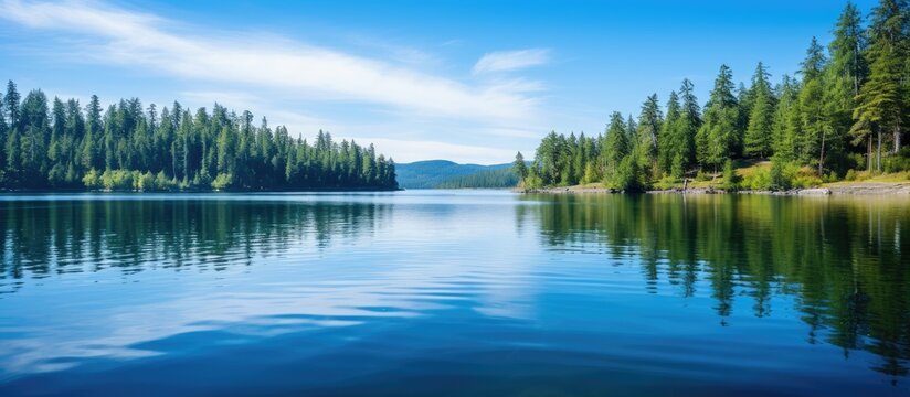 Serene lake surrounded by lush forest