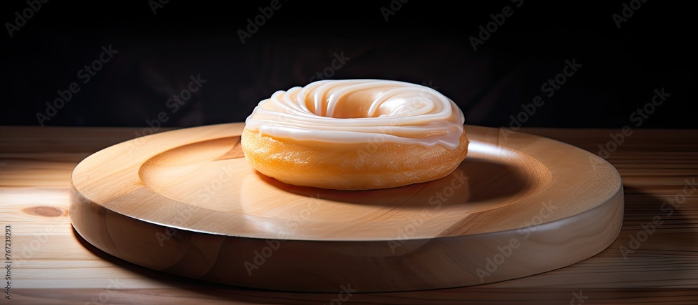 Wall mural A doughnut with frosting on a wooden plate