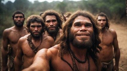 a group of prehistoric cavemen with long stray hair taking a selfie on a modern phone - obrazy, fototapety, plakaty