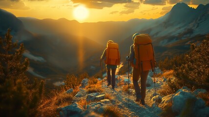 Trekking during golden hour in mountains