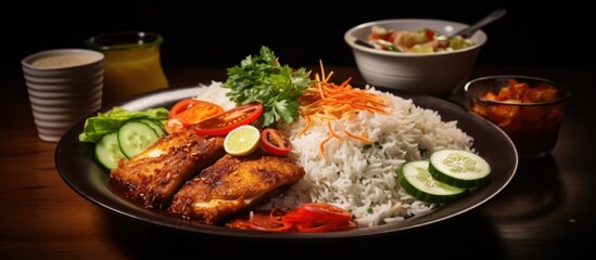 Plate of food with rice, vegetables, and meat