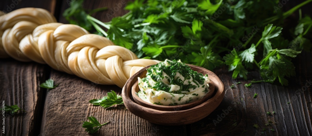 Poster A bowl holding dip topped with various parsley leaves