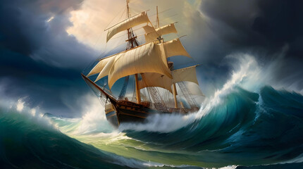 Maritime Majesty: Masterful Oil Painting of Ship Sailing the Sea - obrazy, fototapety, plakaty