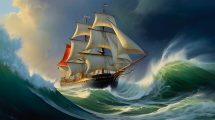 Seafaring Elegance: Oil Painting Capturing the Beauty of a Ship at Sea - obrazy, fototapety, plakaty