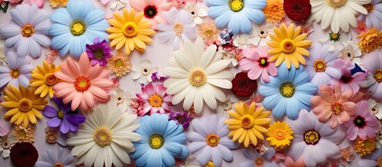 Flowers arranged on colorful wall