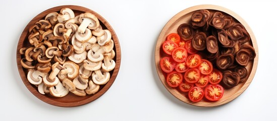 Two wooden bowls filled with mushrooms and tomatoes on white surface - Powered by Adobe