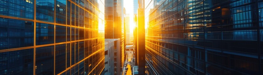 High-rise office buildings reflecting the sunrise, embodying peace and success in the corporate world.  © banthita166
