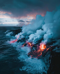 Fototapeta na wymiar a photo of a volcano on the sea covered in steam and mist as lava pours into the ocean