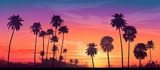 Sunset view with palm trees and colorful sky