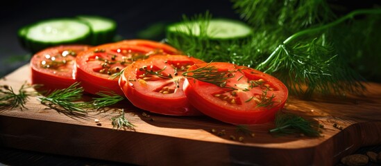 Fresh tomatoes and cucumbers with dill on a cutting board