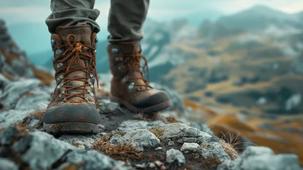 Fotobehang Hiker's boots on mountain peak with misty view © grape_vein