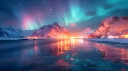 Fotobehang Aurora borealis over the sea, snowy mountains and city lights at night. Northern lights in Lofoten islands, Norway. Starry sky with polar lights. Winter landscape with aurora, reflection, Ai Generated © Hamid