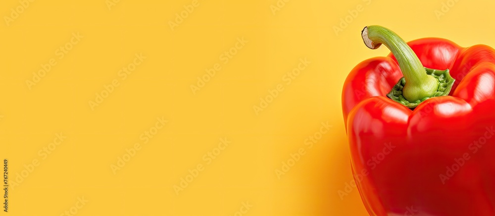 Poster Red pepper with green stem on yellow background