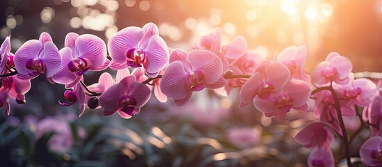Purple orchids in a garden with sunlight filtering through trees