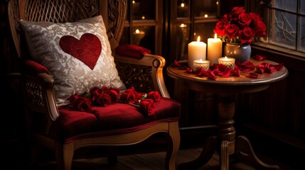 Romantic red themed interior, cozy for intimate moments and meaningful gift exchanges - obrazy, fototapety, plakaty