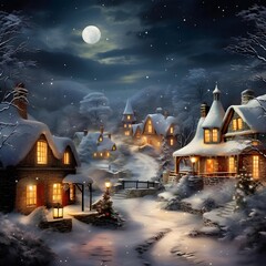 Winter night in the village. Christmas and New Year background. Digital painting.